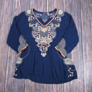 Johnny Was Shirt Womens Small Navy Blue Embroidered Boho Tunic C12720-6